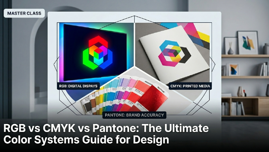 Comparison of RGB, CMYK, and Pantone color systems for professional graphic design and printing.
